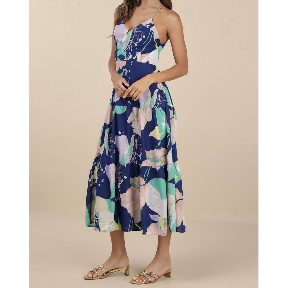 Women's Lulus Hours of Flowers Blue Multi Floral Lace-Up Tiered Midi Dress.Sz XS